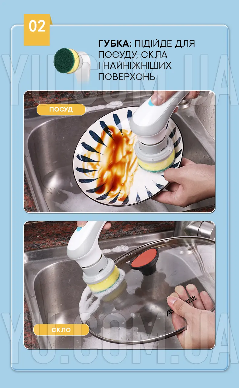 Щётка аккумуляторная для мытья посуды с насадками Electric cleaning brush